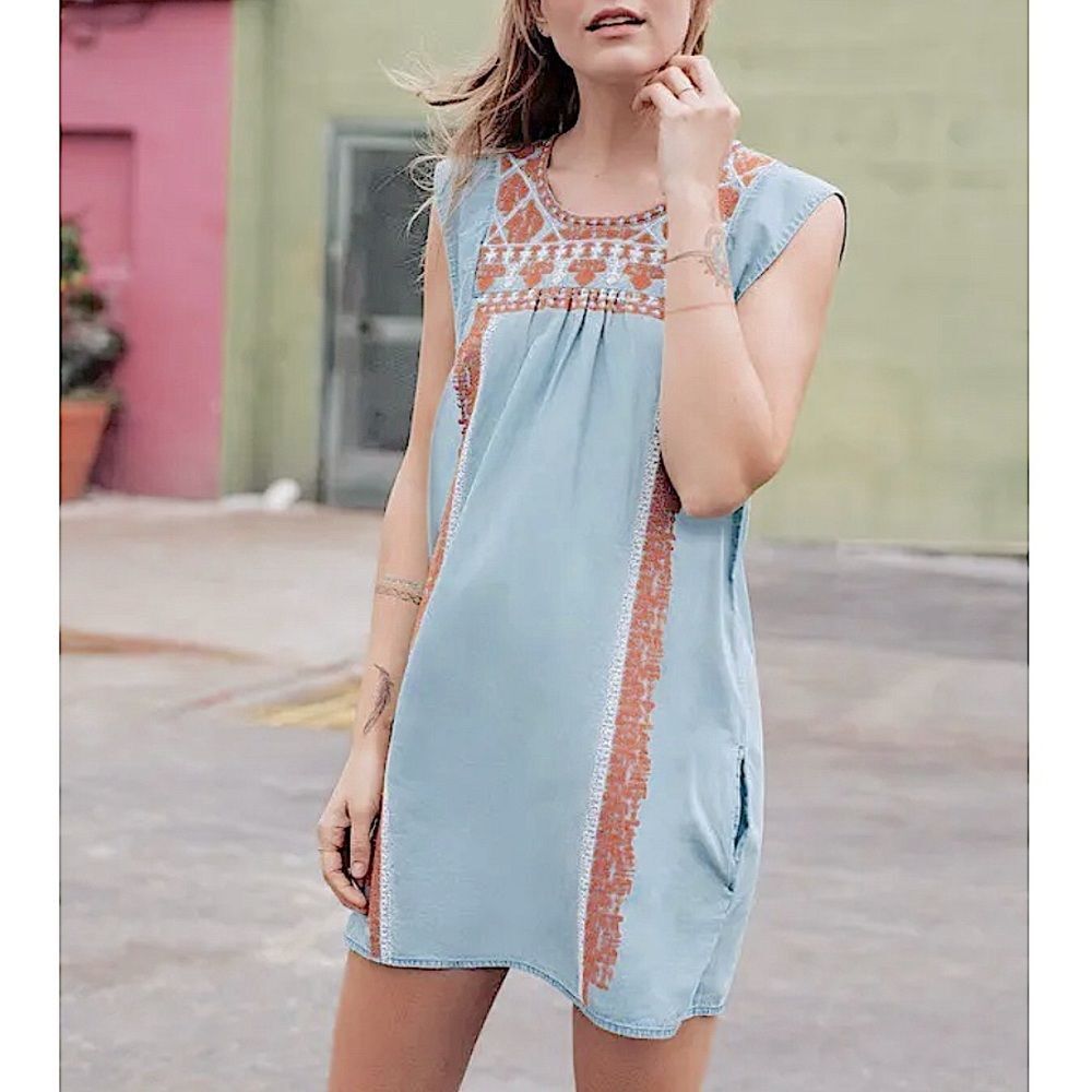Faherty Queenie Embroidered Washed Cotton Chambray Huipile Day Dress Size Large